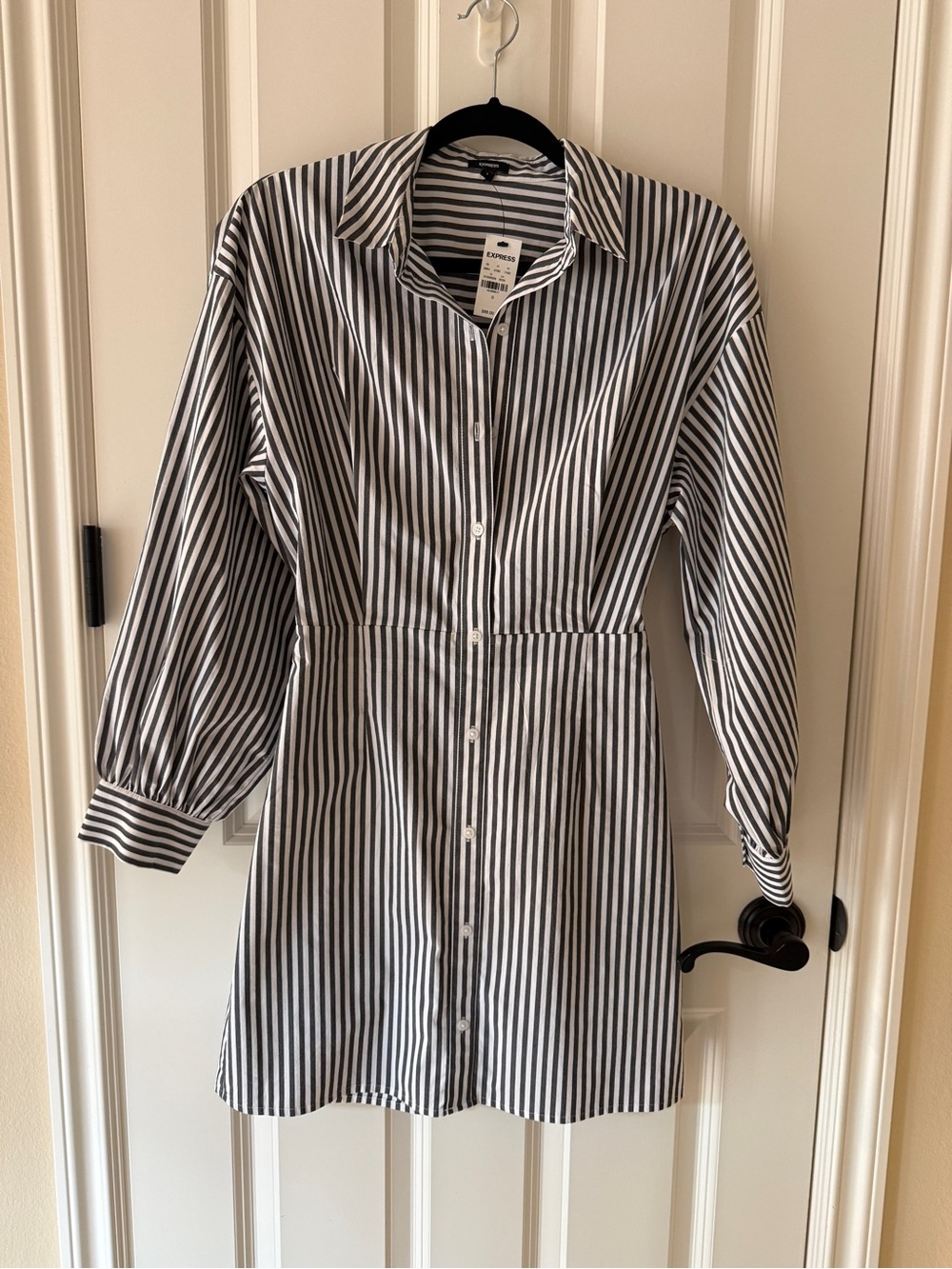 Express Black and White Vertical Stripe Long Sleeve Shirt Dress